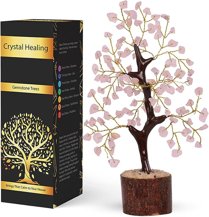 NARIBABU Rose Quartz Crystal Tree (7–8 Inch, 100 Chips) – Handmade Gemstone Tree with Raw Stones & Golden Wire – Birthday Gifts for Women, Gift for Her, Spiritual Decor, Desk Decor