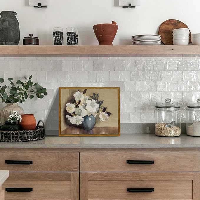 crmotu Floral Framed Wall Art, Still Life Azalea Botanical Prints, Vintage Vase White Flowers Canvas Pictures, Retro Wall Paintings for Living Room, Bedroom Kitchen Office Desktop Small Artwork 8x10in