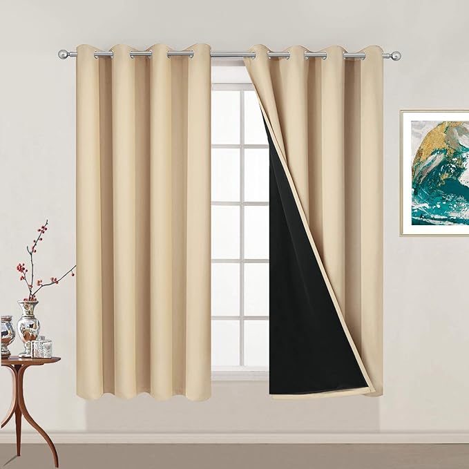 Yakamok Beige 100% Blackout Curtains for Bedroom with Black Liner, 2 Thick Layers Full Room Darkening Thermal Insulated Noise Reducing Grommet Blackout Curtains (52Wx54L, 2 Panels)