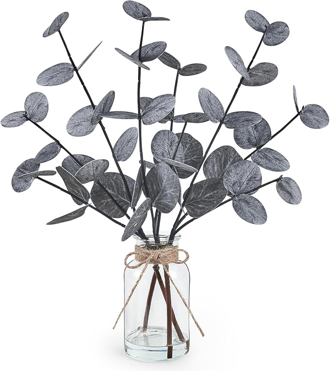 Artificial Eucalyptus Stems in Glass Vase with Faux Water, 14" Fake Plants for Home Decor, Coffee Table Centerpieces, Office, Bathroom & Farmhouse Weddings - Faux Plants Decorations