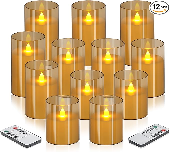 Flameless Candles 4" 5" 6" Acrylic Glass Pillars 3" Diameter Battery Operated Flickering Candles Include Remote with 24Hour Timer Function 400+ Hours by 2 AA Batteries (Amber, Warm Light 12 Pack)