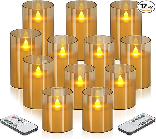 Flameless Candles 4" 5" 6" Acrylic Glass Pillars 3" Diameter Battery Operated Flickering Candles Include Remote with 24Hour Timer Function 400+ Hours by 2 AA Batteries (Amber, Warm Light 12 Pack)