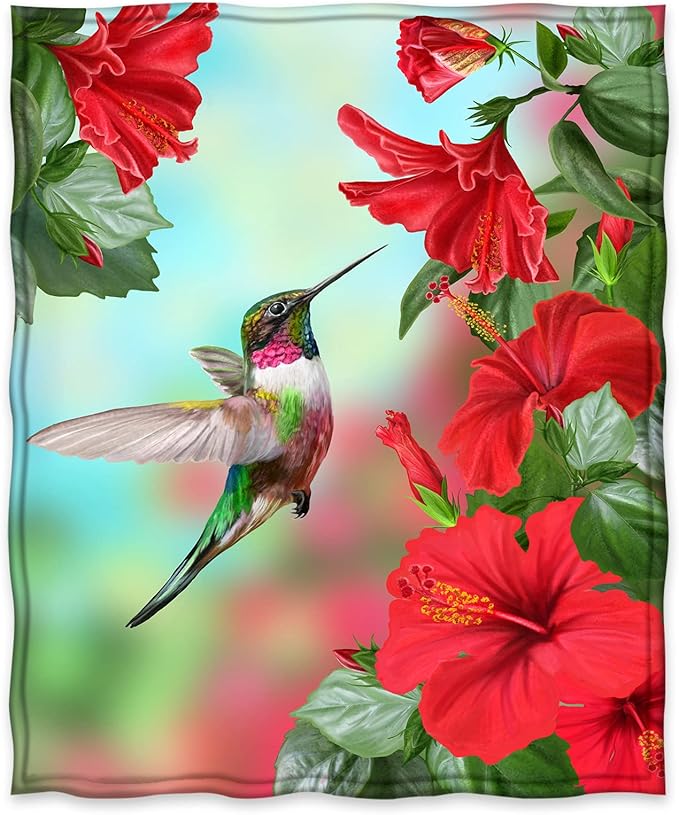 Jekeno Hummingbird Flower Floral Blanket Gifts for Women Girls Wife Mom Mother's Day Valentine's Day Presents Red Flowers Bird Decor for Home Bedroom Soft Cozy Throw Blanket 60"x80"