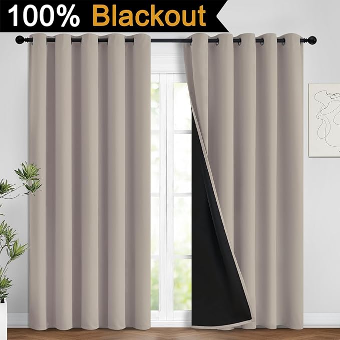 Yakamok 100% Blackout Curtains 63 Inches Long, 2 Thick Layers Heat and Full Light Blocking Soft Thermal Insulated Drapes for Bedroom(62" Wide Each Panel, Natural, 2 Panels)