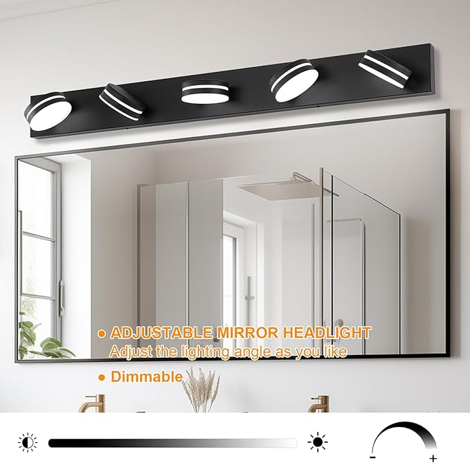 5 Light Bathroom Vanity Light, 30W LED Black Bathroom Light Fixtures Over Mirror, Dimmable Bath Lights, Wall Sconce Light with Milky White Acrylic Shades, Rotatable Lights Head