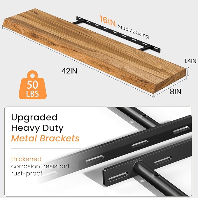 Fun Memories Floating Shelves for Wall, Live Edge 42" W x 8" D Wood Floating Shelf, Set of 2 with Invisible Heavy-Duty Metal Bracket, Deep Floating Shelf for Living Room Kitchen, Natural Finish