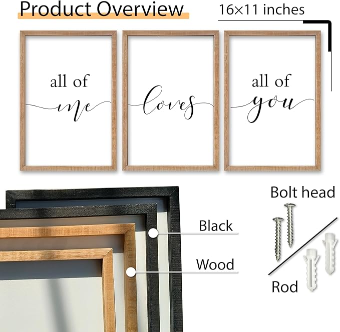 SRSZHIYUE Romantic Love Quote All of Me Loves All of You Sign Wall Decor 16"×11" Set of 3 Framed Wooden Plaque for Couples Master Bedroom Above Over Bed Love Rustic Farmhouse Wall Hanging Art (Wood)