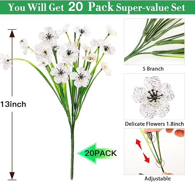 20 Bundles Artificial Flowers for Outdoors Decorations, Fake Flowers Faux Plants Silk Colorful Daisy Eucalyptus Flowers Realistic UV Resistant for Garden Patio Porch Box Home Decor, White