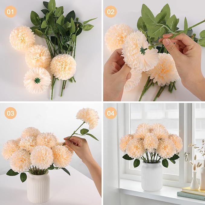 Hananona 12 Pcs Artificial Chrysanthemums Flowers Ball Flowers, Fake Mums Silk Plants for Home Decor Indoor Floral Arrangement Table Centerpiece (12, Champagne)