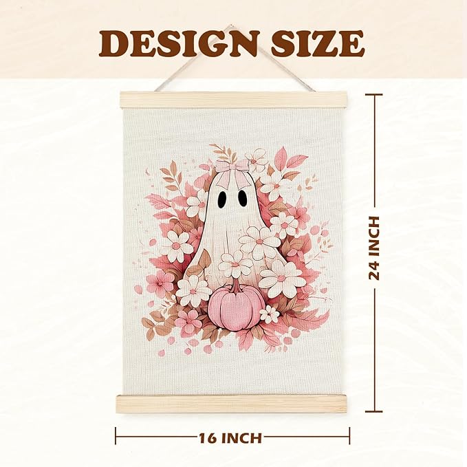 Supwhd Fall Floral Halloween Ghost Wall Art with Wooden Poster Hanger, Pink Bow Ghost Coquette Wall Decor, Coquette Preppy Room Decor, Halloween Pictures Wall Decor, 16x24