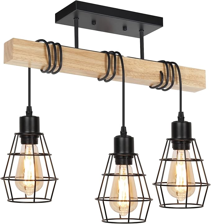 Chandelier Ceiling Light Fixture, 3-Light Semi Flush Mount Ceiling Lights with Metal Cage Lampshade, Pendant Lighting with Solid Wood for Bedroom, Dining Room, Living Room, Kitchen, Office
