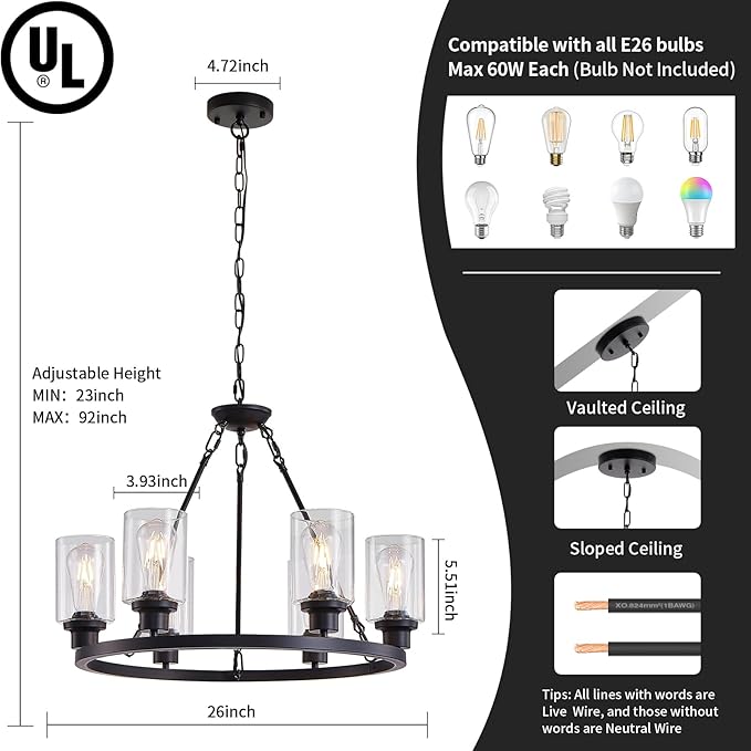 6-Light 24" Modern Farmhouse Chandeliers for Dining Room,Wagon Wheel Black Chandelier,Adjustable Height Hanging Round Pendant Lights for Kitchen Island Clear Glass Shade Ceiling Light fixtures