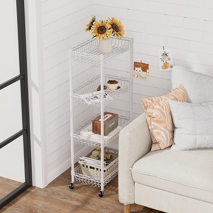 4 Tier Basket Shelf Wire Shelving Unit Adjustable Storage Shelves Big Basket Rack for Garage Kitchen Office Pantry Corner 17.2" Dx12.2 Wx50 H White