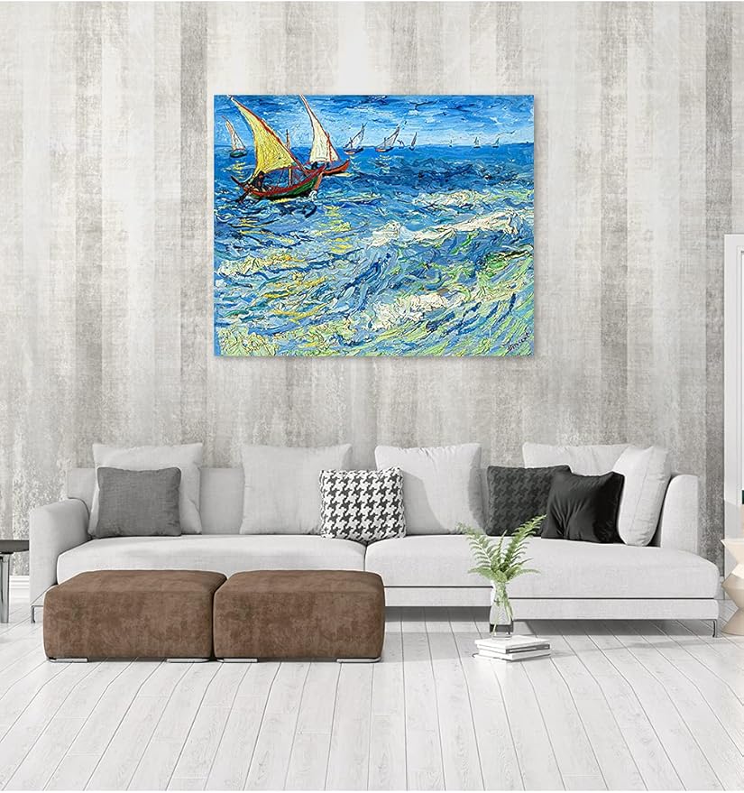 DECORARTS - Fishing Boats at Sea, Vincent Van Gogh Art Reproduction. Giclee Print on Canvas. Wall Art for Home. 40x32