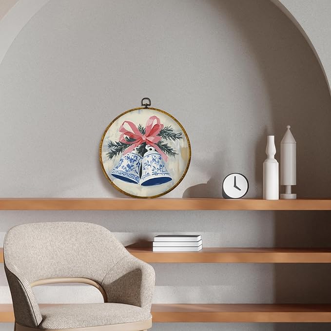 CUANFDDSF Chinoiserie Christmas Bells Round Wall Art Decor, Vintage Christmas Bells Wall Hanging Frame Decor, Grand Millenial Xmas Holiday Canvas Prints Decorations for Home Bedroom, 10x10 Inch