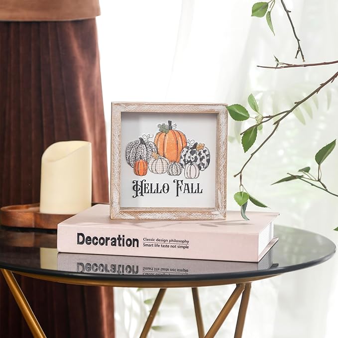 Embossed Pumpkin Sign, Farmhouse Autumn Decorations, Wooden Fall Tiered Tray Decor for Shelf Cubicle Desk Mantel, Rustic Thanksgiving Table Decor