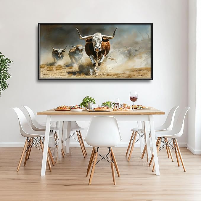 Highland Cow Large Wall Art Western Running Longhorn Pictures Rustic Wild Animal Wall Decor Canvas Print Painting Artwork for Bathroom Living Room Bedroom 60L" x 30W"