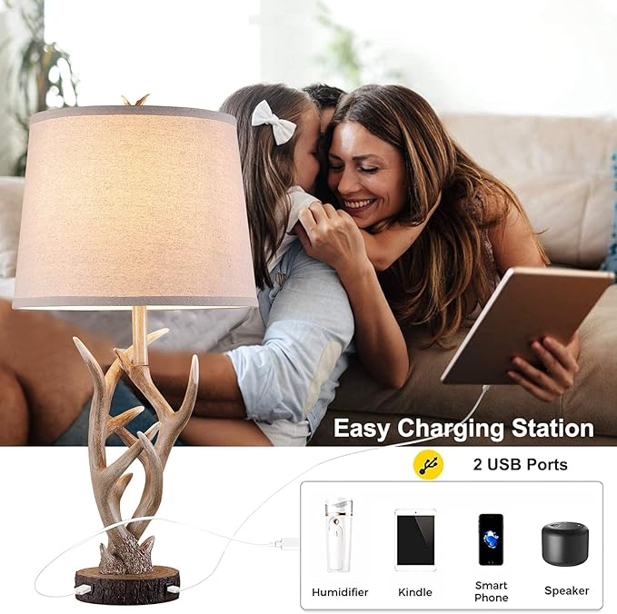 Dungoo Rustic Western Lamp Set of 2 - 26" Farmhouse Table Lamp with 2 USB Ports, Natural Antler Design for Bedroom, Living Room, Office (Rustic Brown)
