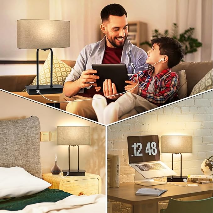 3-Way Dimmable Touch Control Table Lamp with USB Ports and AC Power Outlet Modern Bedside Nightstand Lamp Fabric Shade and Metal Base for Guestroom Bedroom Living Room LED Bulb Included Warm White