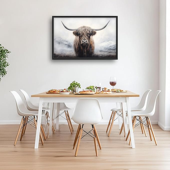 Highland Cow Large Framed Wall Art Rustic Wild Animal Pictures Oversized Wall Decor Foggy Mountain Canvas Print Painting Aesthetic Modern Artwork for Living Room Bedroom Office Bathroom Home Decor 36L"x24W"