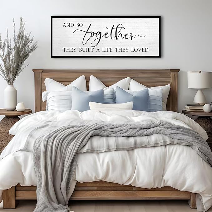 And So Together They Built A Life They Loved Wall Decor 40”X15” Rustic Master Bedroom Large Wood Framed Sign Above Bed Modern Farmhouse Quotes Couple Wall Art Over Bed Hanging Decoration (Black)