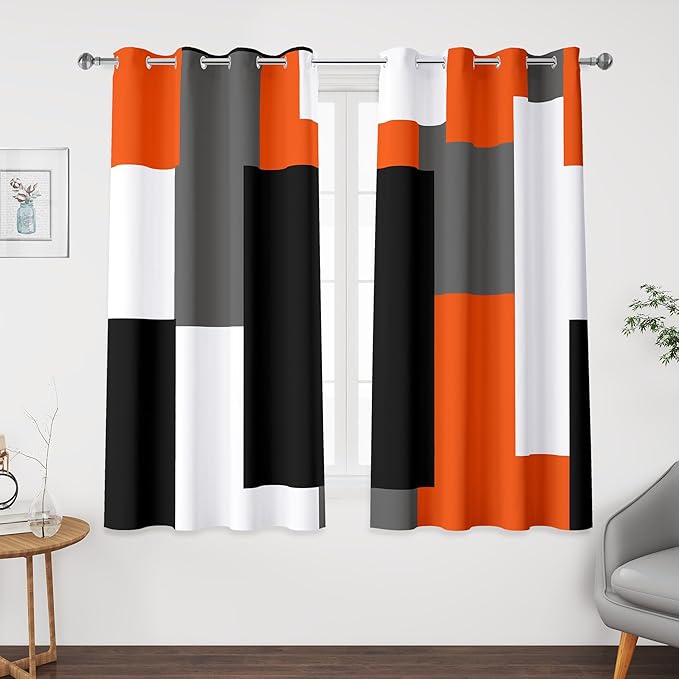 Orange 100% Blackout Curtains 45 inch Length 2 Panels Set White Grey Modern Abstract Geometric Drapes for Kitchen Black Out Curtains Insulated Room Darkening Small Window Curtains, 52Wx45L