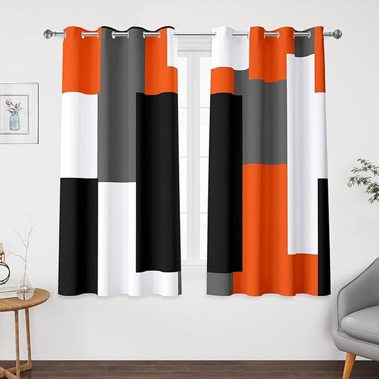 Orange 100% Blackout Curtains 45 inch Length 2 Panels Set White Grey Modern Abstract Geometric Drapes for Kitchen Black Out Curtains Insulated Room Darkening Small Window Curtains, 52Wx45L