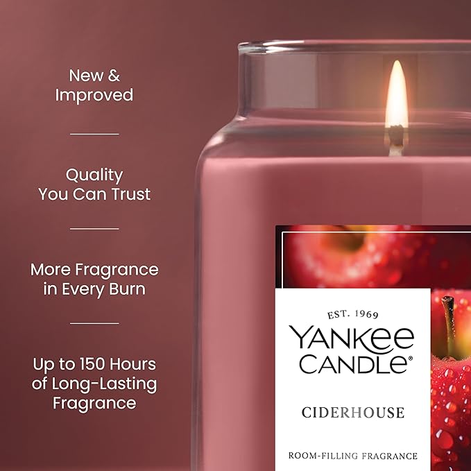 Yankee Candle Large Jar Scented Candle with up to 150 Hour Burn Time, Premium Plant Wax Blend for Consistent Burn, 22 oz Jar Candle with Room Filling Fragrance, Ciderhouse