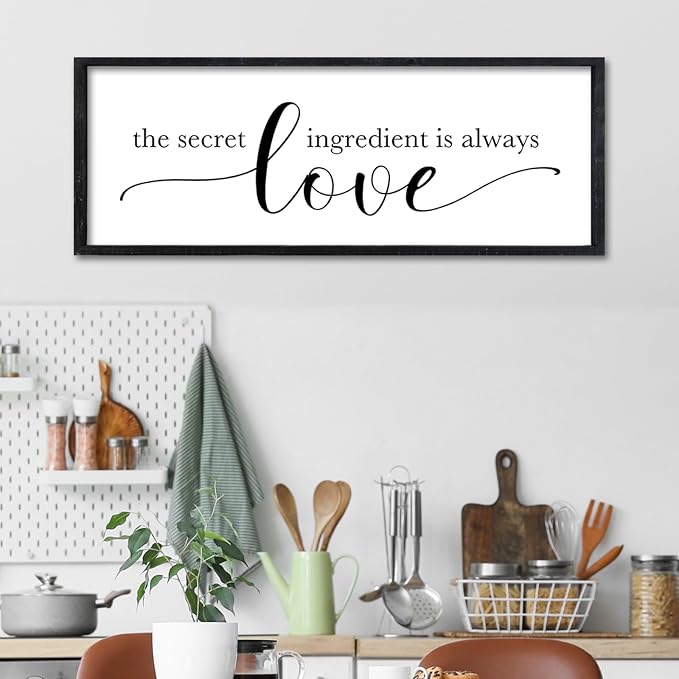 Surfapans The Secret Ingredient Is Always Love Sign Wall Art Decor 32"×12" for Kitchen Dining Room Large Wood Framed Hanging (Black)