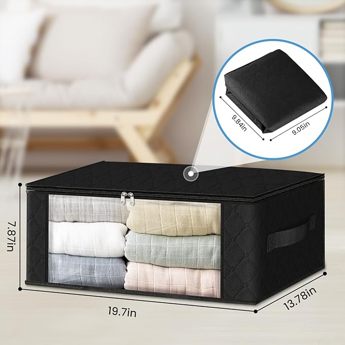HomeHacks Storage 8-Pack Clothes Organizer Storage Bags Foldable Storage Box with Large Clear Window Sturdy Handles for Closet, Dorm, Pillows, Bedding, Clothes, Blankets, 35L, Black
