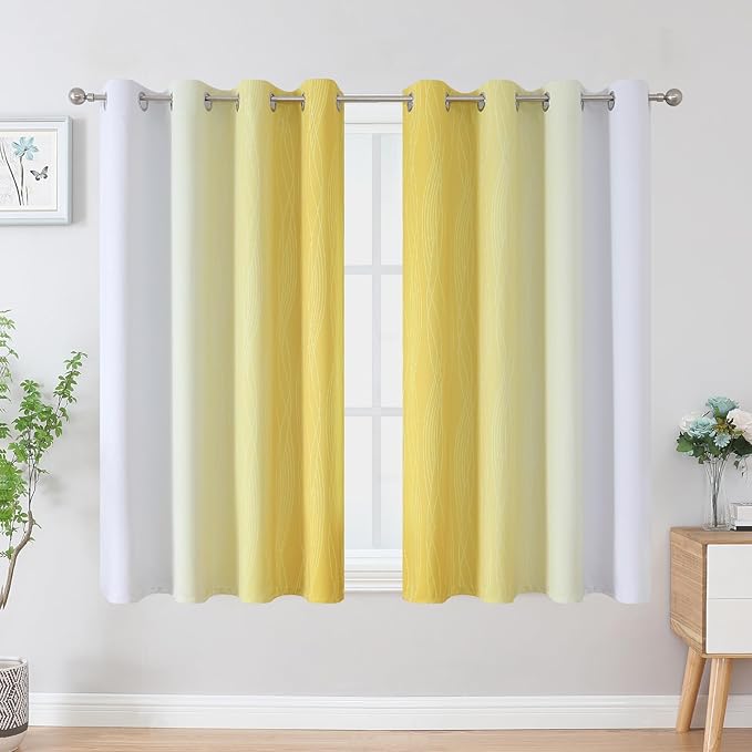 Estelar Textiler Yellow and Greyish White Blackout Curtains 45 Inch Length, Light Blocking Gradient Drapes for Kitchen, Thermal Insulated Grommet Ombre Curtains for Bathroom,52Wx45L,2 Panels