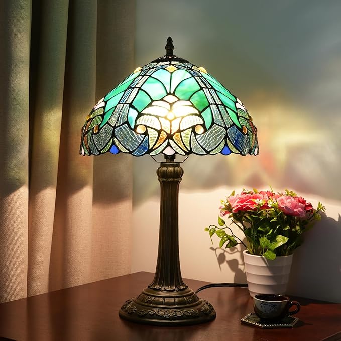 Tiffany Stained Glass Table Lamp, Retro-Style Blue Spot Bedside Lamp, Suitable for Home Decoration Art in Bedrooms, Dormitories, Living Rooms, Etc. (12 Inches)
