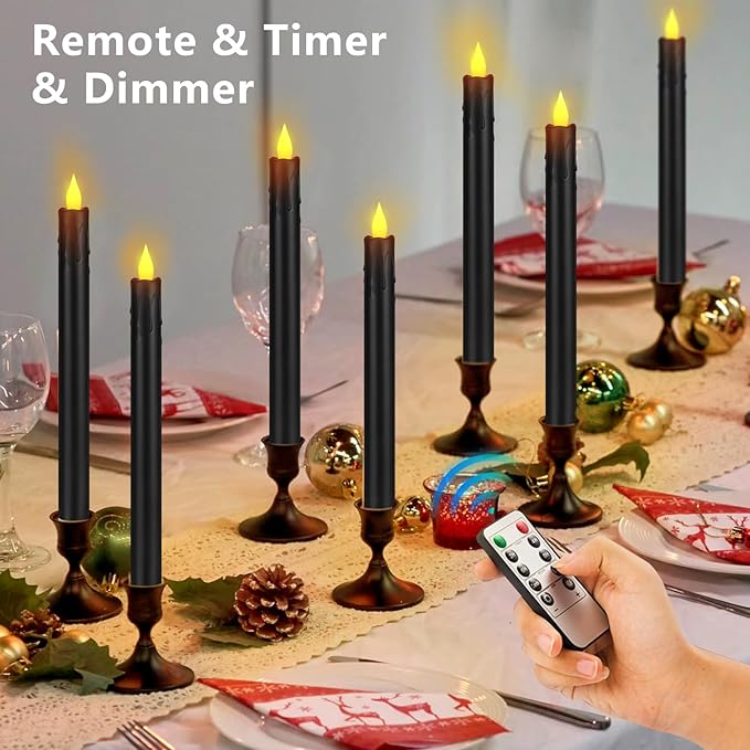 Flameless Taper Candles 10.6" Dripless Battery Operated Taper Candles Included Remote Timer 400+ Hours by 2AA Batteries for Halloween Christmas Wedding (Black, 6 Pack)