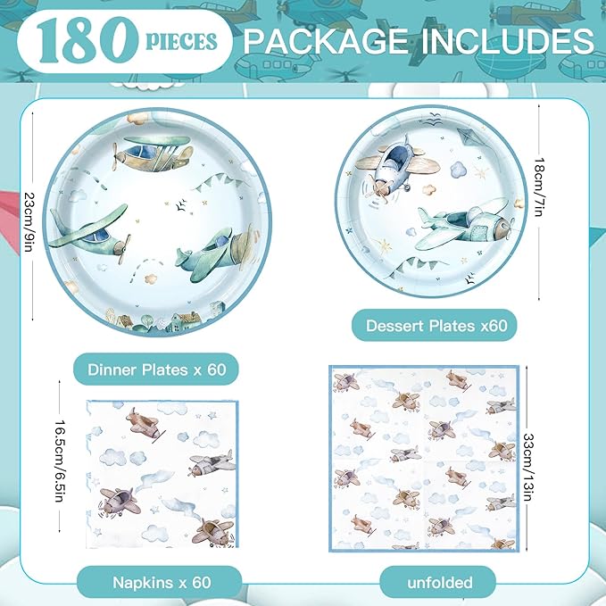 180Pcs Airplane Baby Shower Party Supplies Paper Plates and Napkins Serve 60 Disposable Tableware Set for Birthday Party Decorations Game Day Family School Holiday Sports Events