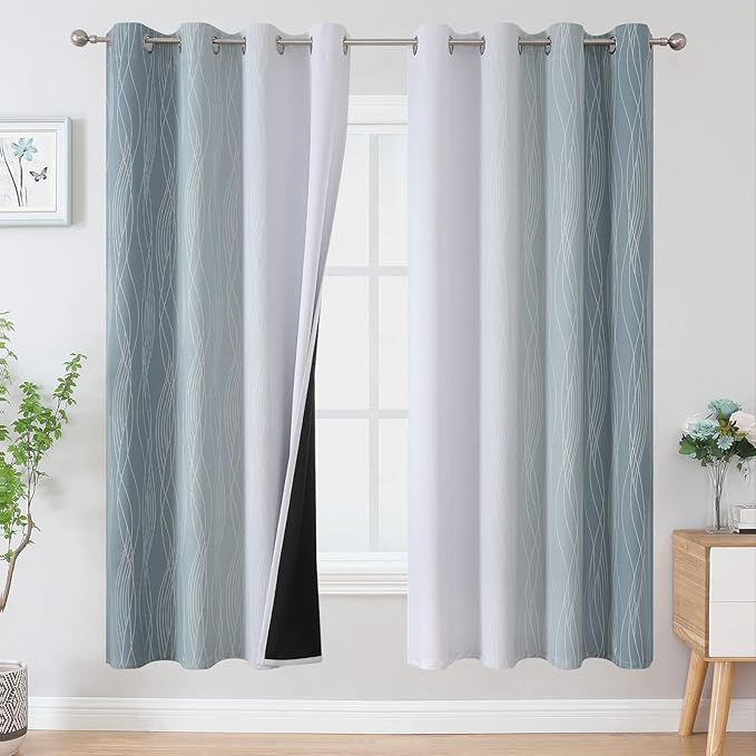 Estelar Textiler Stone Blue and Greyish White Blackout Curtains 72 Inch Length 2 Panels Set, Room Darkening Grommet Ombre Curtains for Bedroom, Thermal Insulated Light Blocking Gradient Drapes,52Wx72L