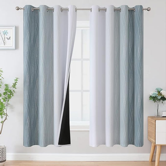 Estelar Textiler Stone Blue and Greyish White Blackout Curtains 72 Inch Length 2 Panels Set, Room Darkening Grommet Ombre Curtains for Bedroom, Thermal Insulated Light Blocking Gradient Drapes,52Wx72L