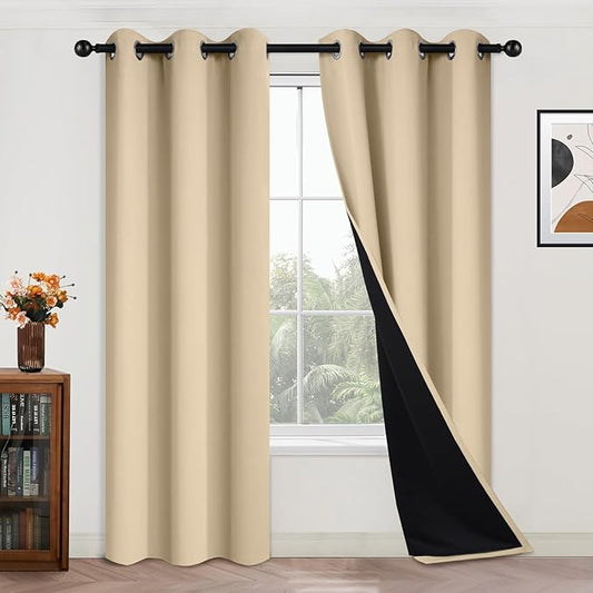 Yakamok Beige 100% Blackout Curtains, Thermal Insulated Total Blackout Drapes for Bedroom, Heat Blocking Window Curtains for Living Room(42Wx84L, 2 Panels)