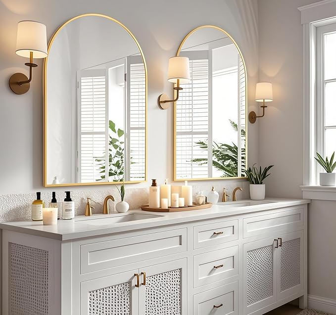 Arched Wall-Mounted Mirror, 24"x36" Arch Bathroom Mirror, Gold Vanity Mirror for Wall Décor, Wall Mirror with Metal Frame for Bedroom, Entryway, Living Room, Brushed Gold