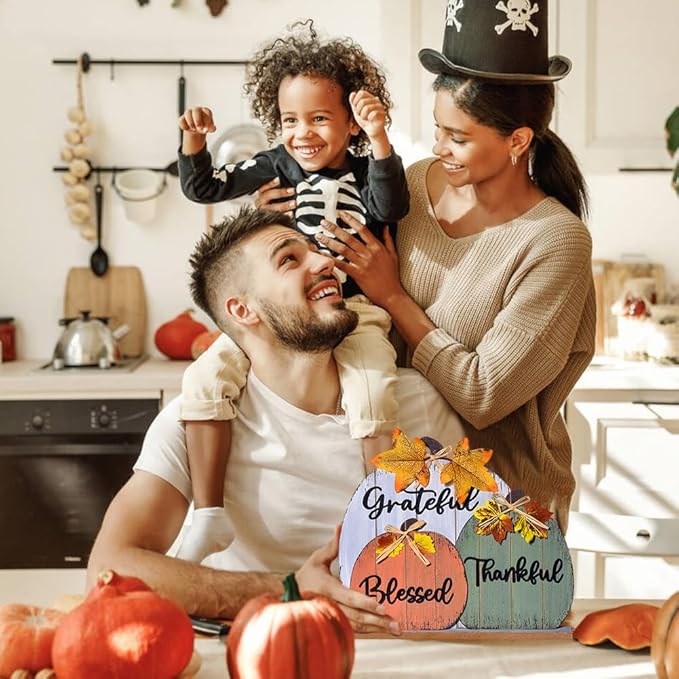 Fall Decoration Signs, Grateful Blessed Thankful Fall Decor for Fireplace and Tabletop Centerpiece Cozy Wooden Rustic Pumpkin Design for Halloween, Thanksgiving, and Autumn Holiday Indoor (3pcs)