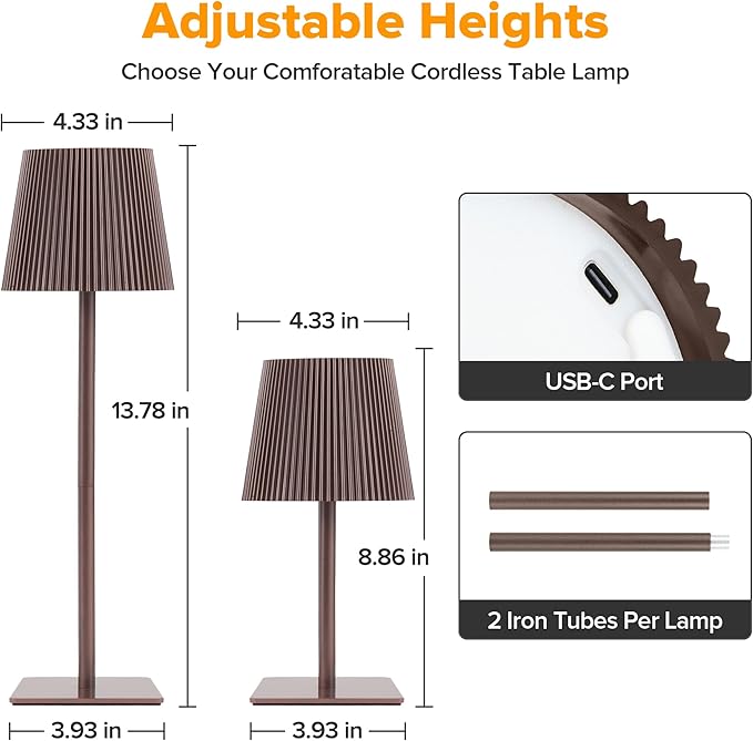 LUTEC 2 Pack Cordless Table Lamp,6000mAh Rechargeable Battery Operated Desk Lamp,Two Adjustable Heights,Waterproof, Touch Control & 3 Color Stepless Dimming for Restaurant/Bedroom/Bars/Outdoor (Brown)