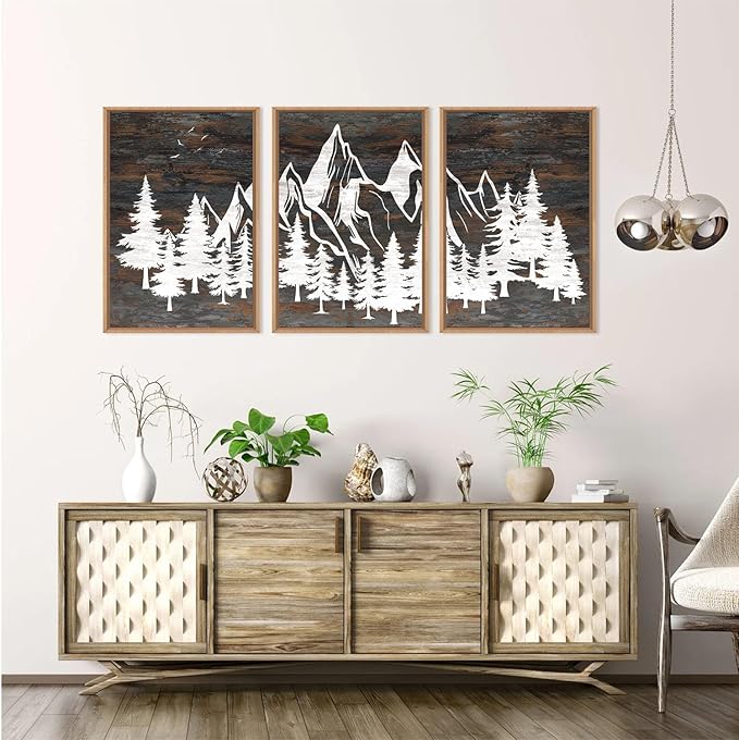 HOURIA Large Wilderness Rustic Mountain Forest Framed Wall Art Set,Retro Woodland Wall Decor,Nature Country Wooden Artwork,Brown White Pine Tree Landscape Art Print for Living Room,Bedroom- 16"x24"x3