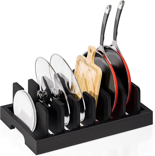 Bamboo Pot and Pan Organizer, Pot Lid Organizer Holder Rack for Countertop Drawer, Kitchen Cabinet Organizer with 7 Adjustable Dividers for Pots, Pans, Baking Sheets, Cutting Boards, Black