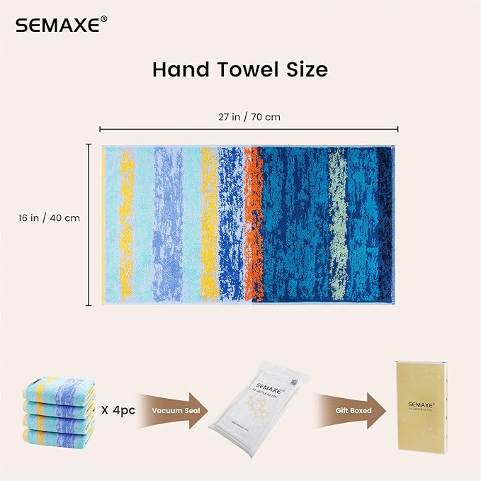 SEMAXE Hand Towels for Bathroom, 100% Cotton Towels with Hanging Loops, Soft and Absorbent, 4 Pack Hand Towel Set for Gym, Shower, Hotel, Spa and Kitchen, Colorful Towel - The Starry Night Collection