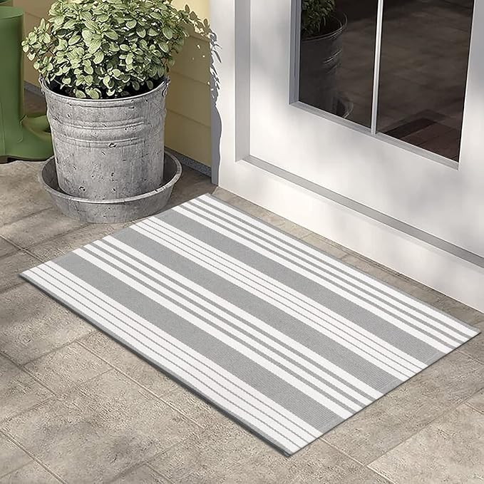 OJIA Fall Front Door Mat Outdoor 24"x35" Front Door Rug Gray and White Striped Outdoor Rugs Washable Entry Rug Indoor Door Mats Cotton Woven Small Area Rugs for Entrance/Porch/Kitchen/Entryway