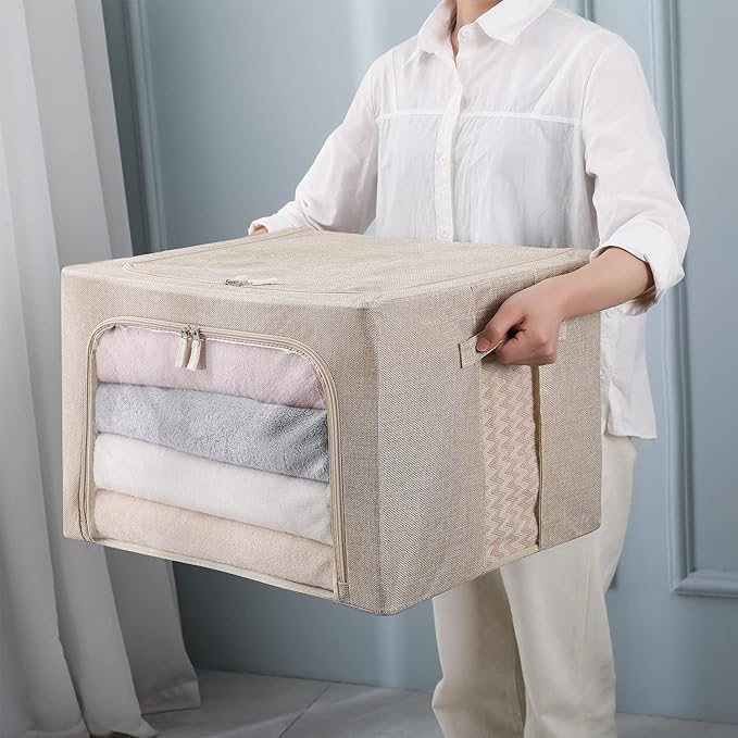 3Pack Foldable Storage Bins - Frame Storage Box Linen Fabric Stackable Clothes Container Organizer with Clear Window & Carry Handles Large Capacity (Large-66L, Beige)