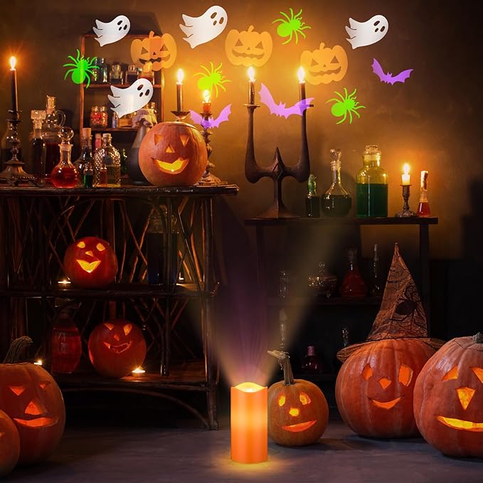 Halloween Projector Candle Ghost Projector Light Halloween Indoor Decoration Spooky Scary LED Flameless Candle Battery Operated Night Light with Remote and Timer Bedroom Home Decor Party Gift