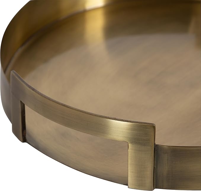 Kate and Laurel Myo Transitional Metal Round Tray, 15 x 15, Brass, Modern Glam Circular Decorative Serving Tray with Handles for Storage, Display, and Decor