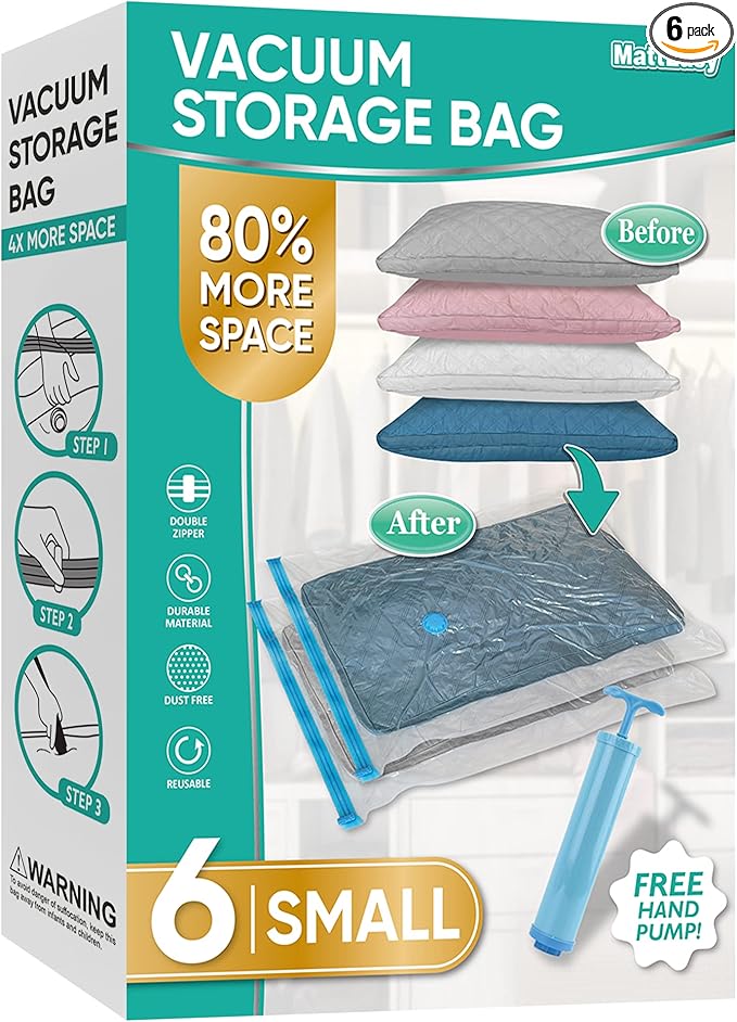 Space Saver Vacuum Storage Bags, 6 Pack Space Saver Bags with Pump, Storage Vacuum Sealed Bags for Clothes, Comforters, Blankets, Bedding (6 Small)