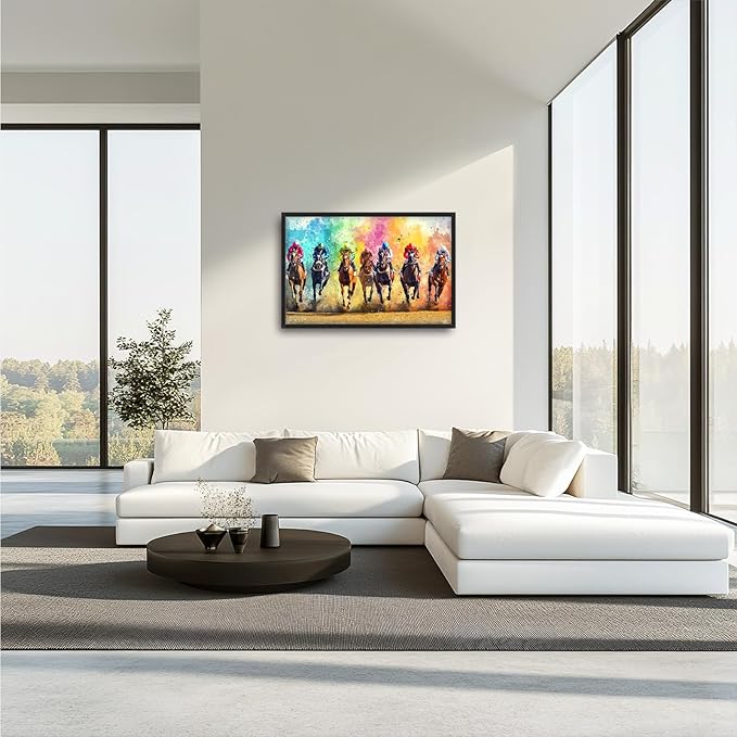 Framed Large Wall Art for Living Room, Horse Racing Canvas Wall Decor, Large Horse Picture Framed Painting, Modern Artwork for Bedroom Office 36L'' × 24W''