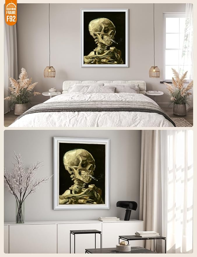 DECORARTS - Head of a Skeleton with a Burning Cigarette, Vincent Van Gogh Art Reproduction. Acid Free Cotton Canvas Giclee Print w/Bronze Frame&Mat for Wall Decor.